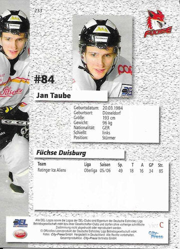 DEL 2006/07 Playercards – Jan Taube Nr. 233 Füchse Duisburg