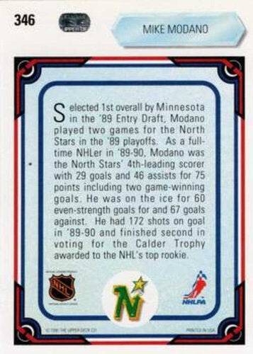 1990/1991 Upper Deck #346 Mike Modano – All-Rookie Team (Rookie Card)