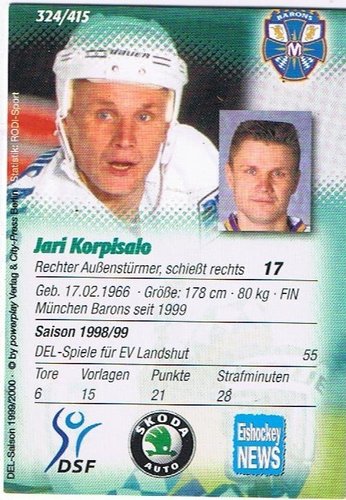 Jari Korpisalo Playerkarte 1999/2000 München Barons PowerPlay