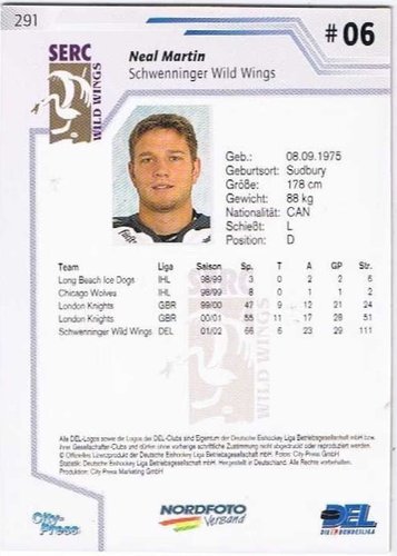 DEL Playerkarte 2002/2003 #291 Neal Martin Schwenninger Wild Wings