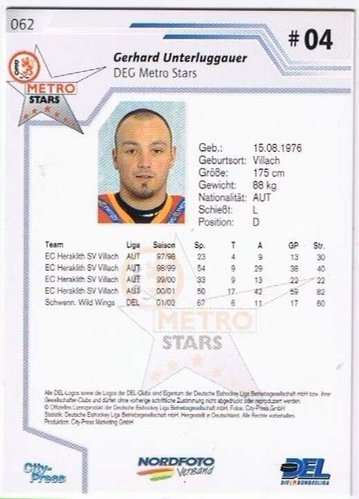 DEL Playerkarte 2002/2003 Gerhard Unterluggauer DEG Nr. 062