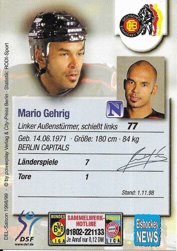 Mario Gehrig Playerkarte DEL 1998/1999 #336 Deutsche Nationalmannschaft