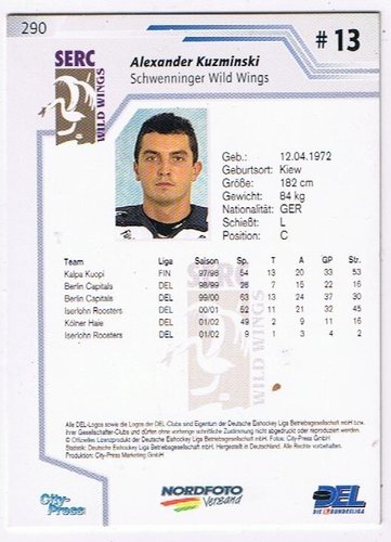 Playerkarte 2002/2003 Alexander Kuzminski Schwenningen