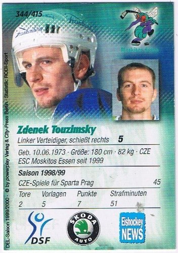 DEL Playerkarte 1999/00 Zdenek Touzimsky #344 Moskitos Essen