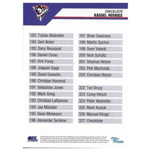 Rückseite der Eishockey-Sammelkarte #327 Checkliste Kassel Huskies mit der Liste aller Spielerkarten der Saison 2004/2005.