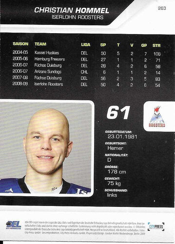 DEL Playerkarte Christian Hommel – Iserlohn Roosters 2009/2010