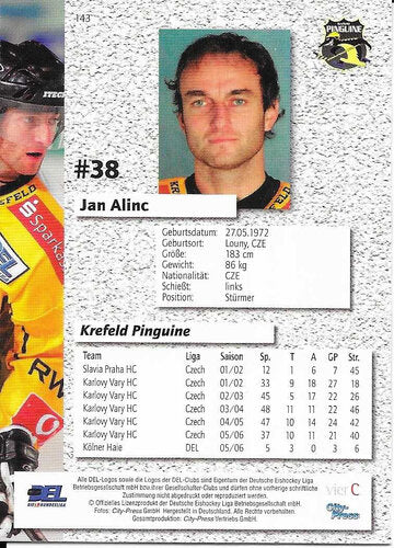 Playerkarte Jan Alinc #143 – Krefeld Pinguine – 2006/2007 – City Press
