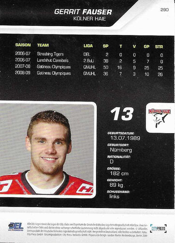 Playerkarte 2009/2010 #290 – Gerrit Fauser – Kölner Haie