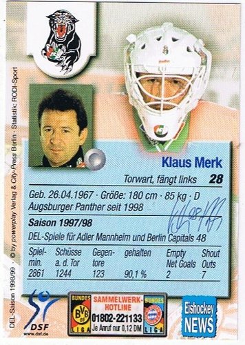 1998/1999 Schirner #273 Klaus Merk – Augsburger Panther (Base Card)