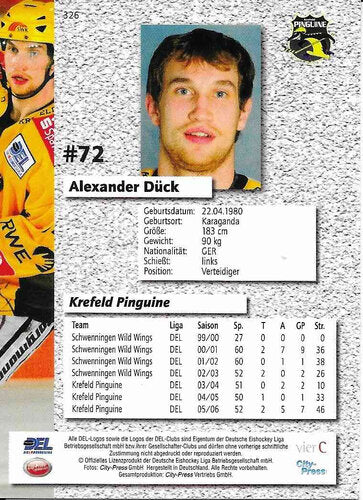 2006/2007 City-Press #326 Alexander Dück – Krefeld Pinguine (Serie 2 Base Card)