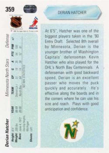 Upper Deck 1990/91 #359 Derian Hatcher RC Übergangshologramm Karte