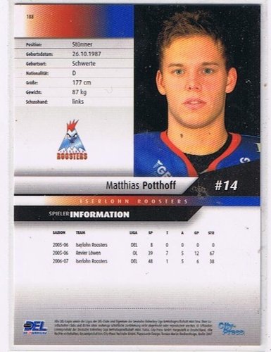 DEL Playerkarte 2007/08 – Matthias Potthoff, Iserlohn Roosters #188
