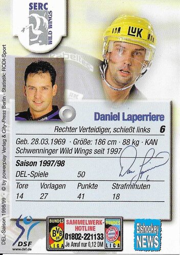 Playerkarte 1998/1999 Daniel Laperriere Schwenninger Wild Wings