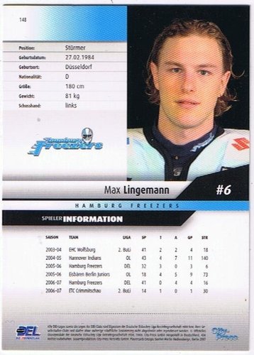 Playerkarte 2007/2008 Max Lingemann – Hamburg Freezers – City Press