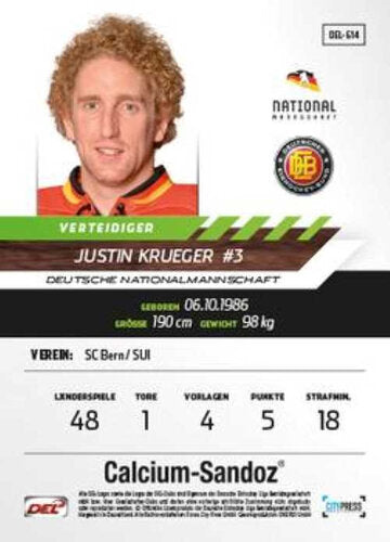 DEL 2013/14 Justin Krueger #DEL-614 Nationalmannschaft