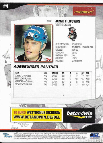 2005-06 DEL Playercards #15 Jayme Filipowicz Augsburger Panther (Base Card)
