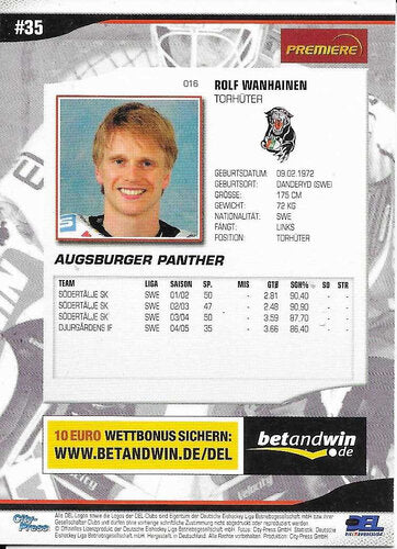 2005-06 DEL Playercards #16 Rolf Wanhainen Augsburger Panther (Base Card)