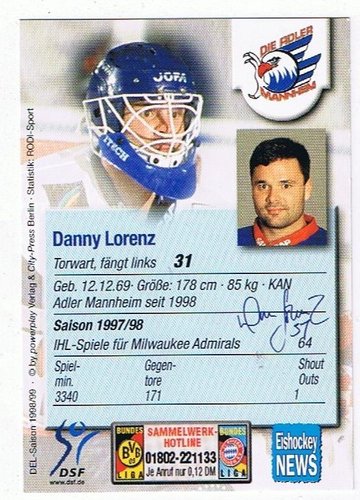 1998/1999 Schirner #244 Danny Lorenz – Adler Mannheim (Base Card)