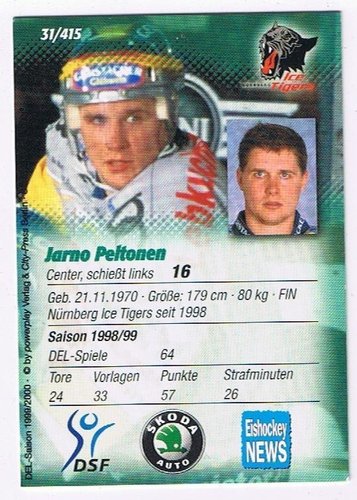DEL Playerkarte Jarno Peltonen 1999/2000 #31 Nürnberg Ice Tigers