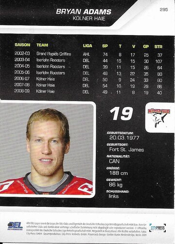 Playerkarte 2009/2010 #295 – Bryan Adams – Kölner Haie (City-Press)
