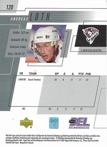 Upper Deck 2000/2001 DEL Playerkarte Andreas Loth Kassel Huskies #120