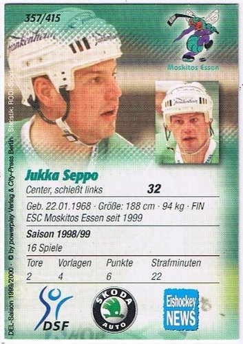 DEL Playercard Jukka Seppo 1999/2000 Moskitos Essen #357