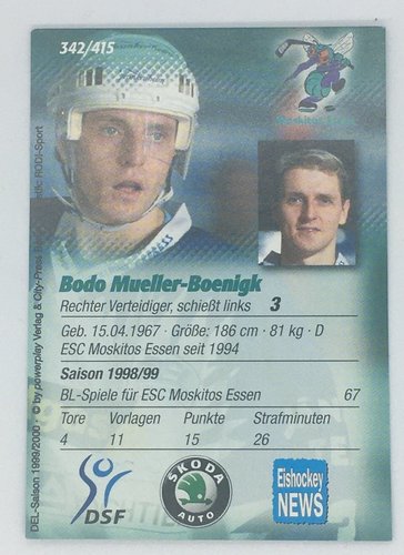 DEL Playerkarte 1999/2000 Bodo Mueller-Boenigk Moskitos Essen