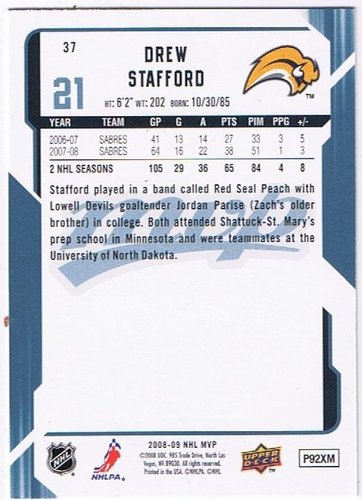 Drew Stafford NHL Playerkarte Buffalo Sabres 2008/09 #37