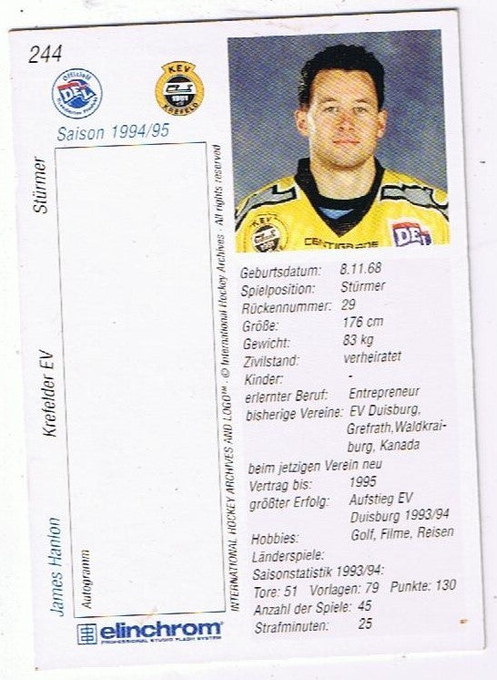 1994/1995 DEL Playercards #244 James Hanlon Krefelder EV Base Card