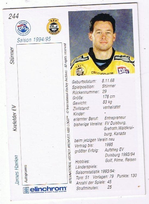1994/1995 DEL Playercards #244 James Hanlon Krefelder EV Base Card
