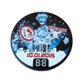 DEL Winter Game 2015 DEG Kölner Haie Eishockeypuck Sammlerstück Sammlungsauflösung Draufsicht auf den originalen DEL Winter Game Event Puck vom zehnten Januar zweitausendfünfzehn mit den Logos der DEG und Kölner Haie sowie der Skyline von Düsseldorf.
