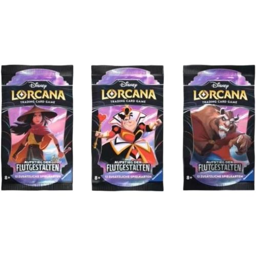 Drei geschlossene Disney Lorcana Booster Packs aus dem Set Aufstieg der Flutgestalten mit den Motiven Mulan, Die Koenigin und Das Biest.

