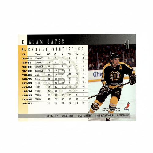 Rückseite der 1996-97 Donruss NHL Trading Card Nummer 41 von Adam Oates (Boston Bruins) mit den detaillierten Karrierestatistiken.