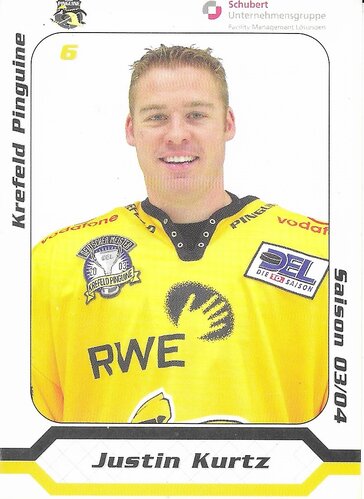 Autogrammkarte Justin Kurtz #6 Krefeld Pinguine 2003/2004