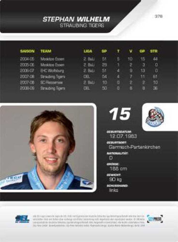 2009-10 Playercards DEL #378 Stephan Wilhelm Straubing Tigers