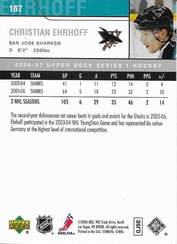 06-07 Upper Deck #167 Christian Ehrhoff San Jose (Base-Card)