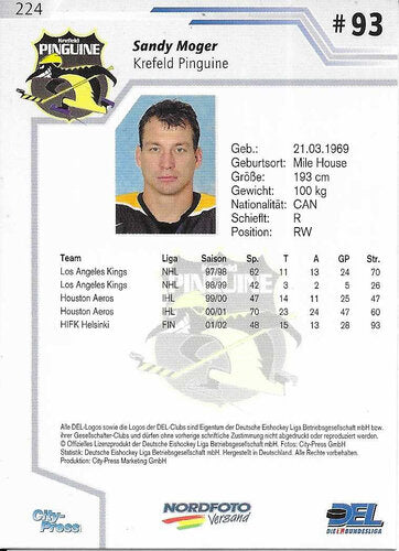 2002-2003 Playerkarte Krefeld Pinguine #224 Sandy Moger