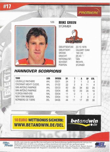 Playerkarte 2005/2006 #126 Mike Green Hannover Scorpions