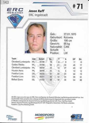 Playerkarte 2002/2003 #143 Jason Ruff ERC Ingolstadt