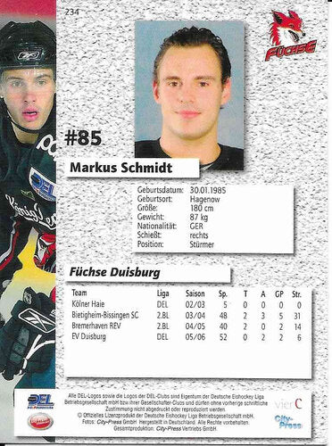 2006/2007 City-Press #234 Markus Schmidt – Füchse Duisburg (Serie 2 Base Card)