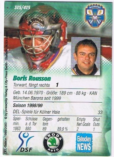 Playerkarte DEL 1999/2000 #315 – Boris Rousson – München Barons – PowerPlay