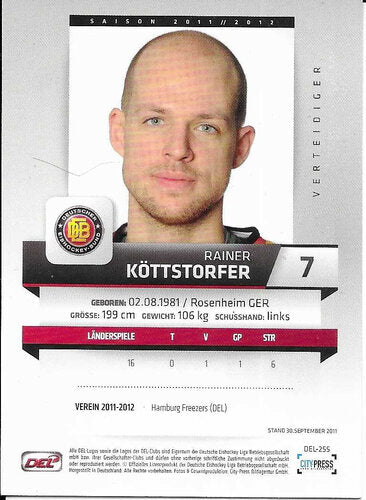 Rainer Köttstorfer signierte Playerkarte 2011/2012 #DEL-255 Nationalmannschaft