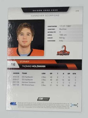2008/2009 City-Press #215 Thomas Holzmann – Hannover Scorpions (Base Card)