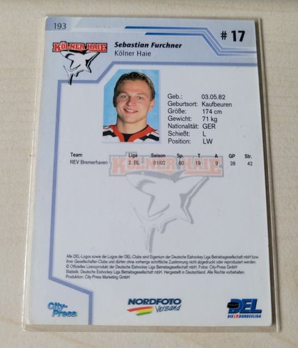Playerkarte 2002/2003 #193 Sebastian Furchner Kölner Haie