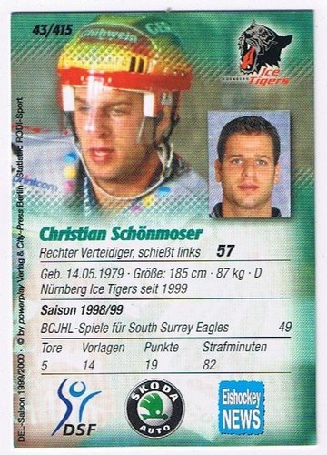 DEL Playerkarte 1999/2000 #43 Christian Schönmoser – Nürnberg Ice Tigers