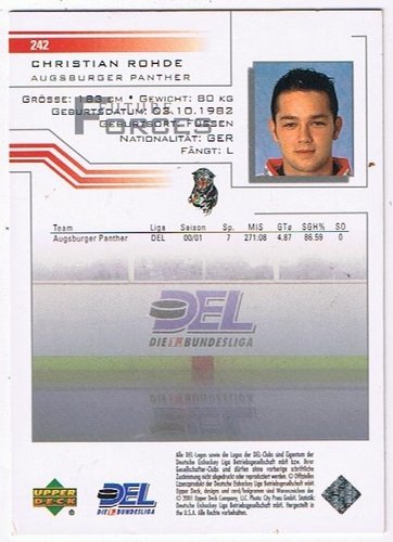 DEL Playerkarte 2001/2002 – Christian Rhode – Augsburger Panther – Upper Deck #242