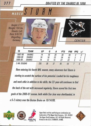 00-01 Upper Deck #377 Marco Sturm San Jose (Base-Card)