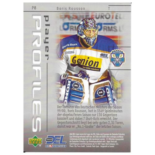 Rückseite der Eishockey Playerkarte von Boris Rousson München Barons Upper Deck DEL 2000/2001 Player Profiles #P8 mit Statistiken.