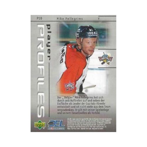 Rückseite der Eishockey Playerkarte von Mike Pellegrims Berlin Capitals Upper Deck DEL 2000/2001 Player Profiles #P10 mit Statistiken.