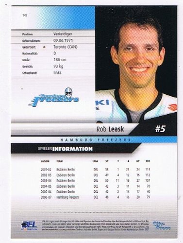 Rob Leask Playercard 2007/08 – Hamburg Freezers #147